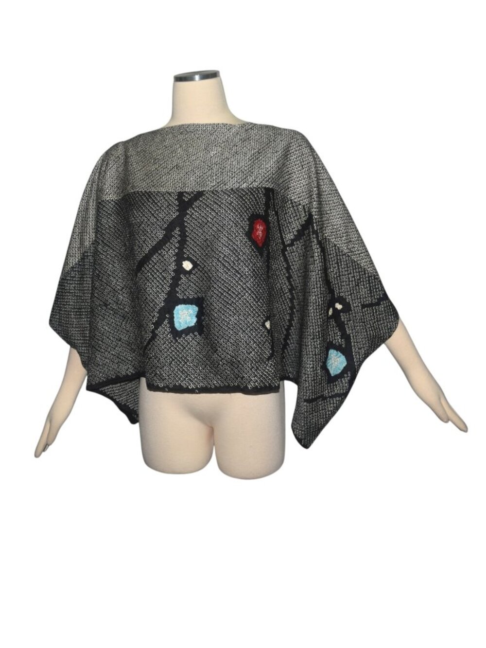 Japanese Shibori Silk Wearable Art Poncho Top Batwing Kimono Sleeve OS